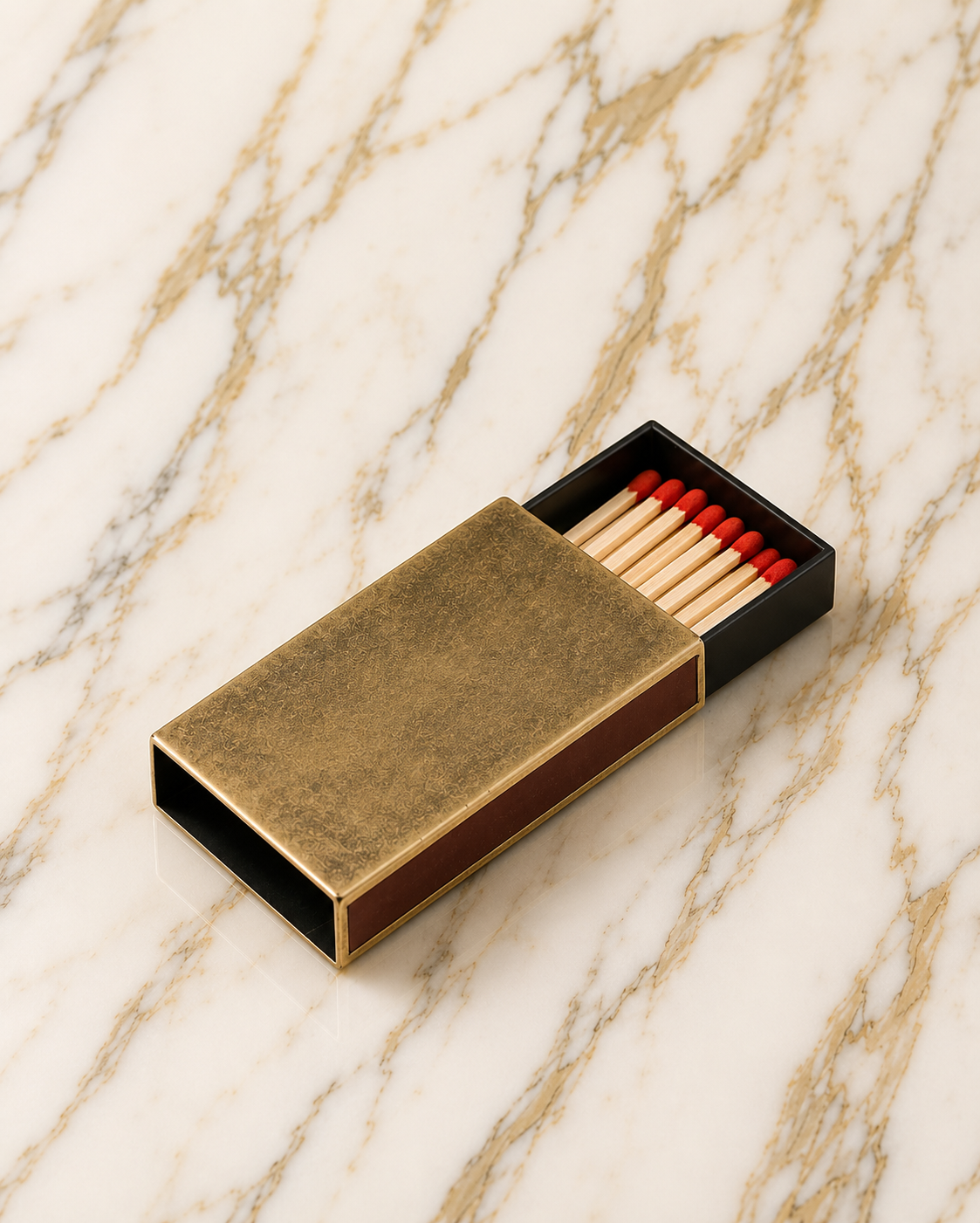 Brass matchbox with matches on a marble surface