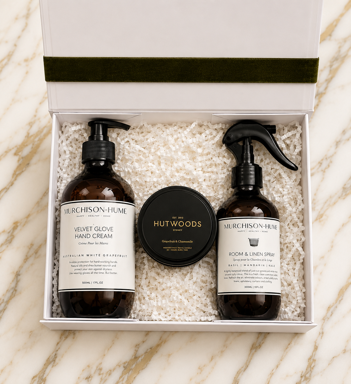 Murchison-Hume room and linen spray, Murchsion-hume Velvet Glove hand cream and hutwoods woodwick travel candle 